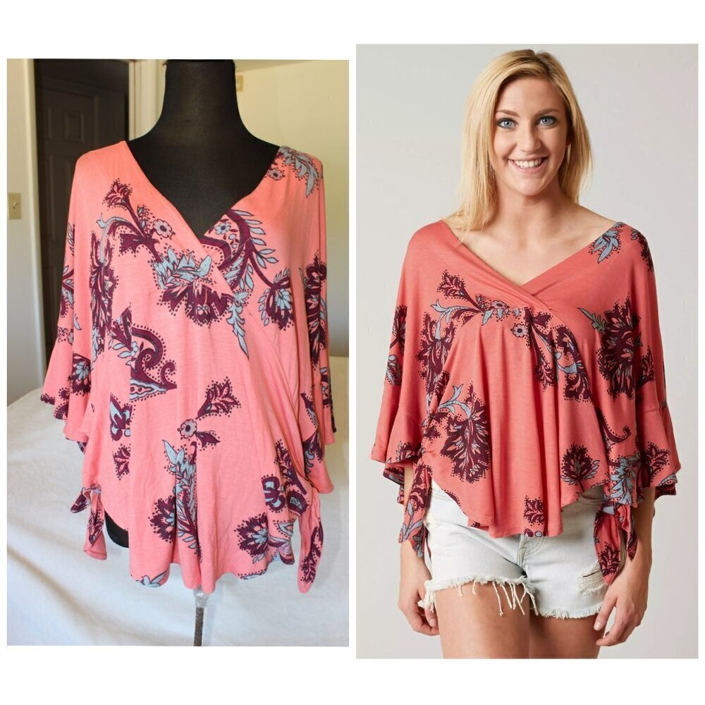 Free People Maui Wowie Paisley Flowy Blouse Size M/oversize Pink Top Casual